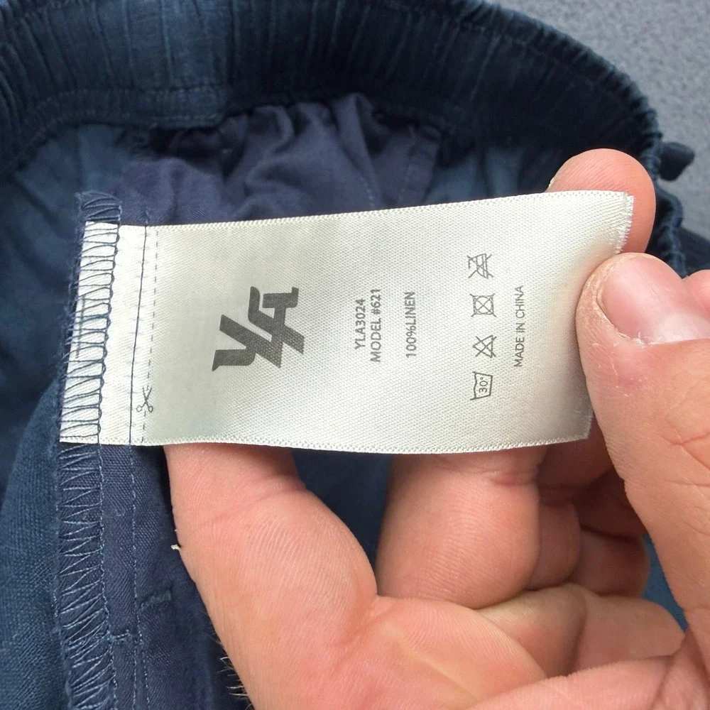 YoungLA Pants Men's S Navy Blue 100% Linen Drawstring Elastic Waist Lightweight